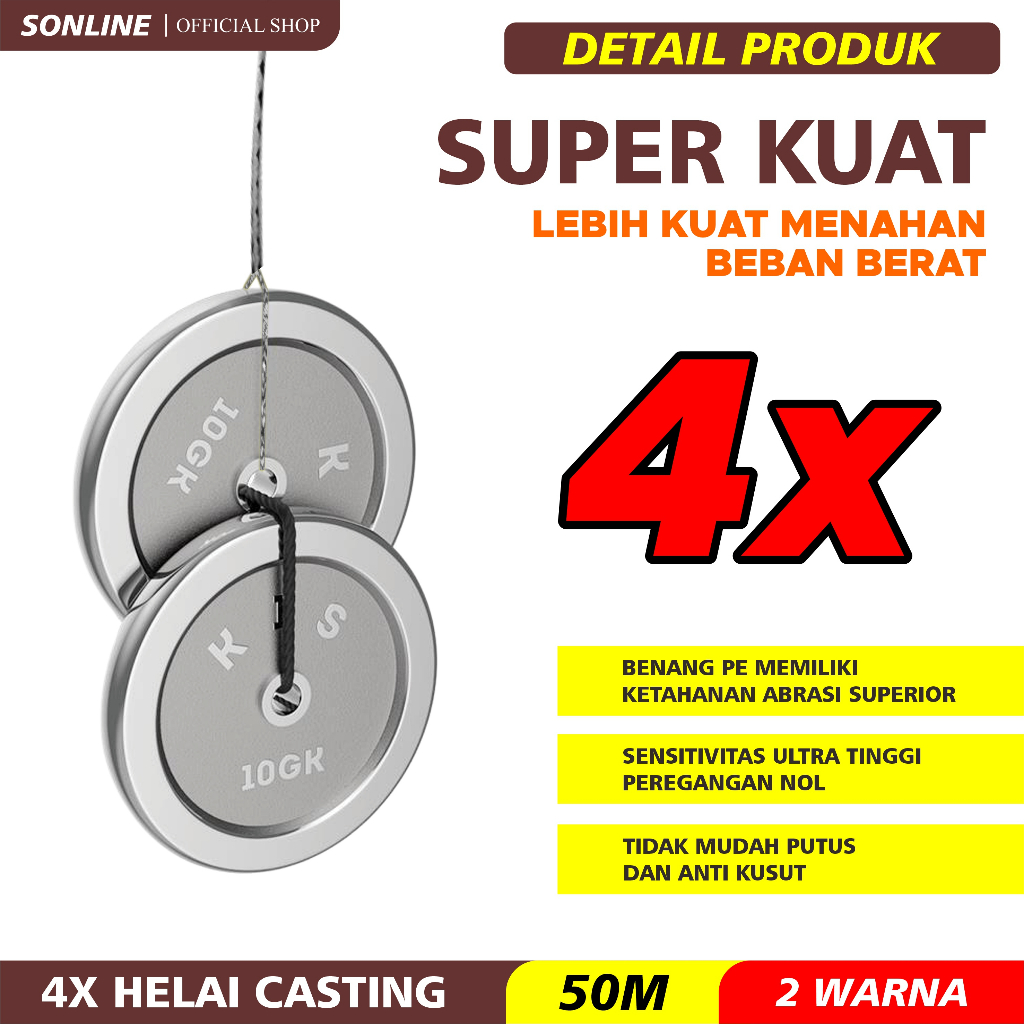 SONLINE Tali Pancing 50m Senar Pancing PE Sensor Bright NEO+si2 Warna Abu-abu &amp; Hijau Jepang Senar Pancing 50m Super Kuat &amp; Tahan Bahan PE