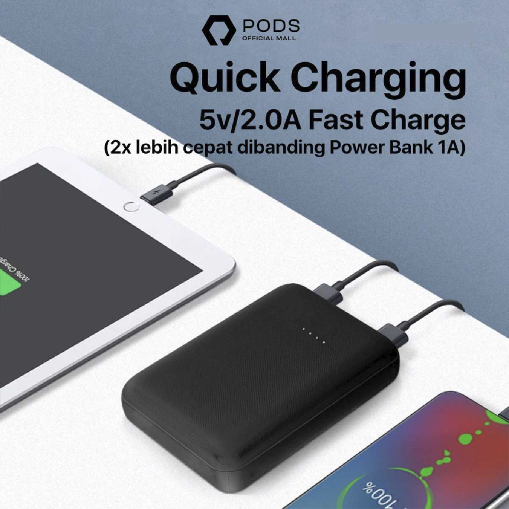 SMART Powerbank Dual USB Quick Charging 10.000 mAh / 2.1 A for IOS IPhone Android by Pods Indonesiaa