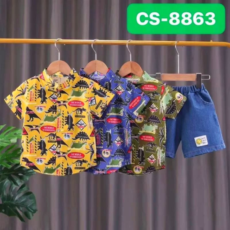 [0-4 Tahun] SETELAN KEMEJA IMPORT CELANA JEANS PENDEK BAJU ANAK LAKI DINO ROBOT TREX DINOSAURUS BAYI COWOK KARAKTER KARTUN / SETELAN KEMEJA ANAK LAKI LAKI TERMURAH TERLARIS