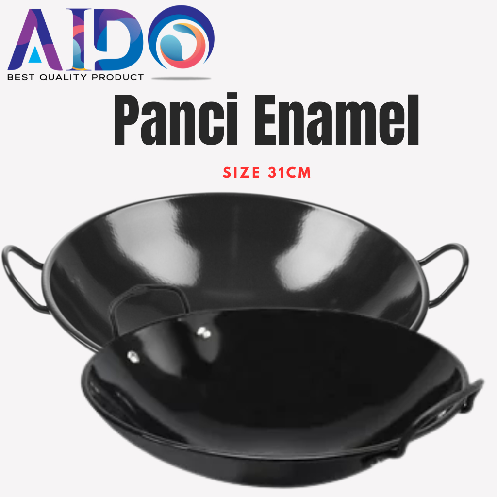 Wajan Hitam Enamel 31Cm TEBAL ANTI LENGKET RIW Wajan kuali wok hitam Enamel Anti Lengket teflon penggorengan wajan enamel 2 kuping