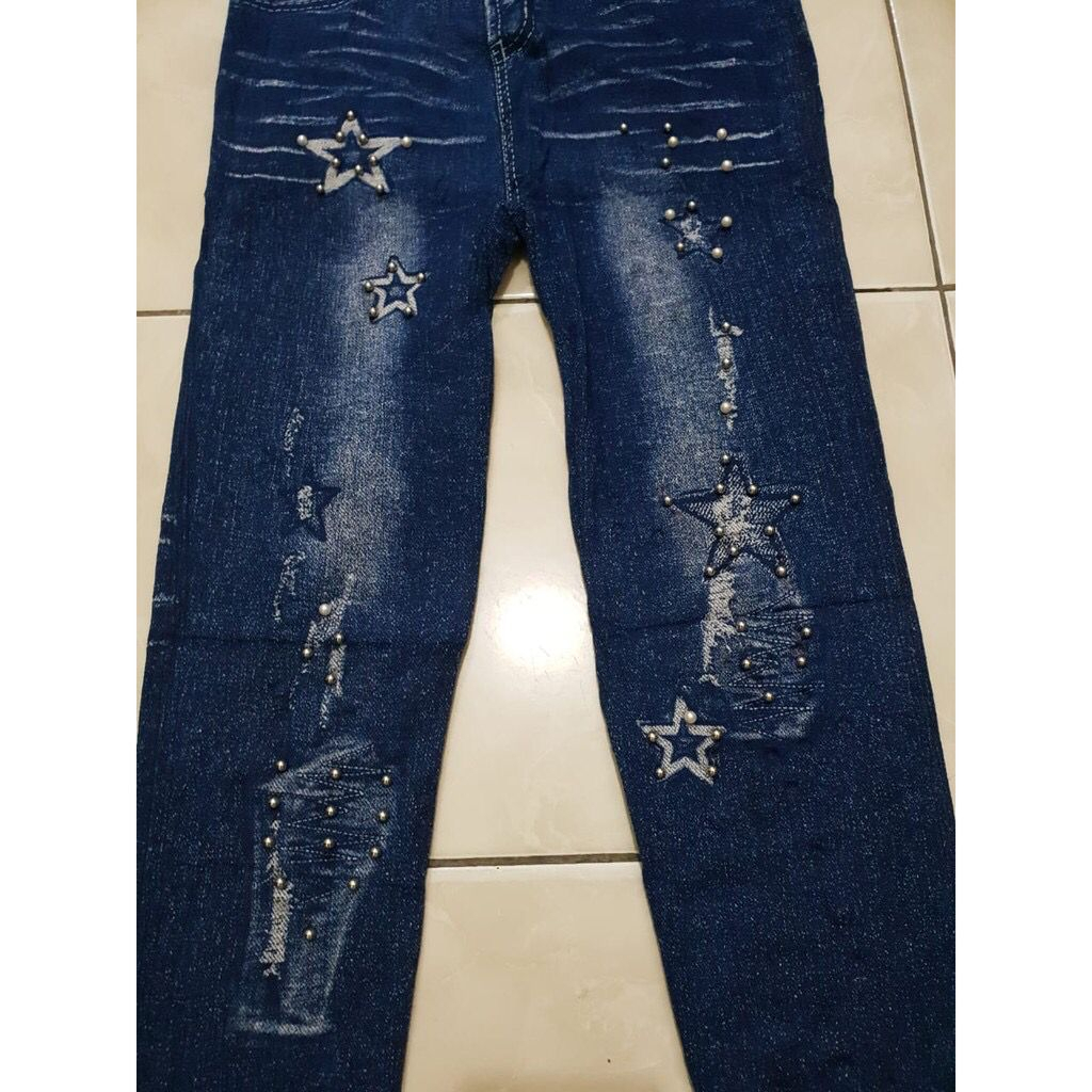 CELANA LEGGING DENIM IMPORT HIGHWAIST / LEGING JEANS MUTIARA MOTIF BINTANG / LEJING MURAH