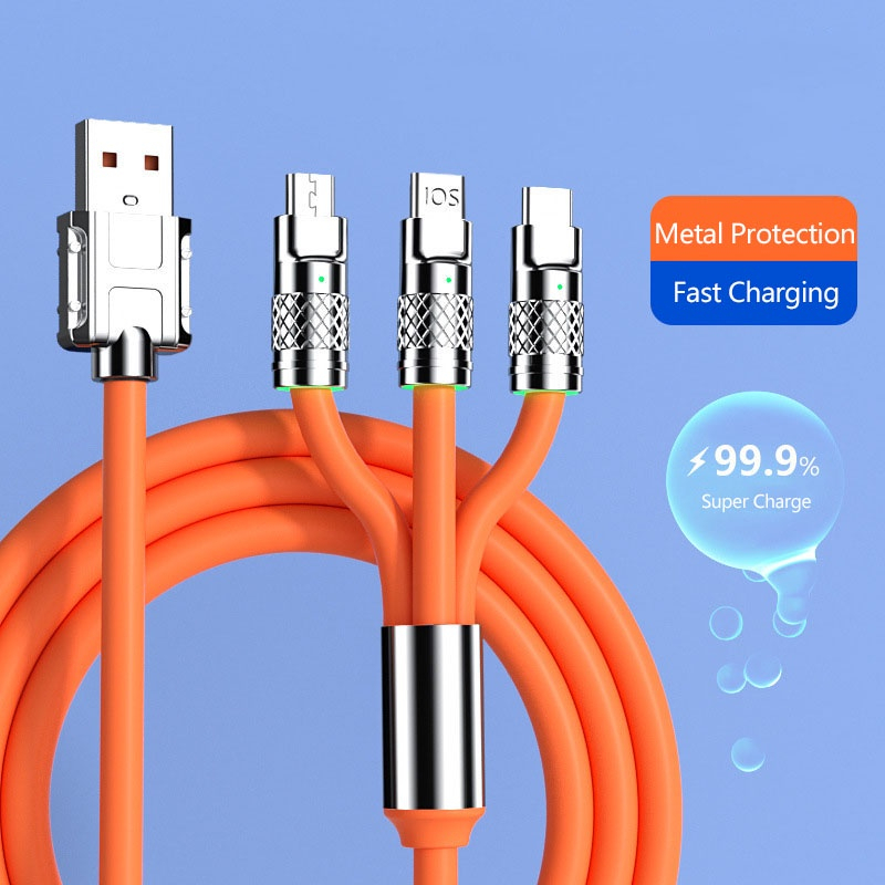 VIBOX Paduan Seng Asli 3 In 1 120W 6A Kabel Pengisian Super Cepat Silikon Cair Kabel Data Pengisian Cepat Untuk Micro USB Type-C Iphone Dengan Lampu Indikasi BY SMOLL