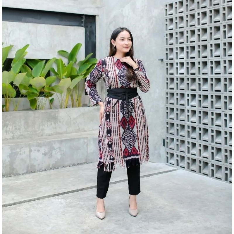 Atasan baju tenun ntt dress tenun rumbai pakai sabuk