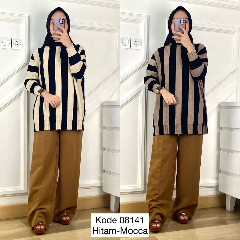 08141 Sweater Rajut Batwing Model Salur Garis Garis Big Small Premium / Sweater Rajut Oversize Blous