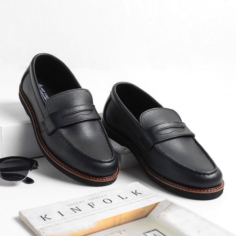 Sepatu Pantofel Pria Loafer Kerja Kantor Formal Kasual Pesta Kondangan Bahan Kulit Original Arf Black Alp