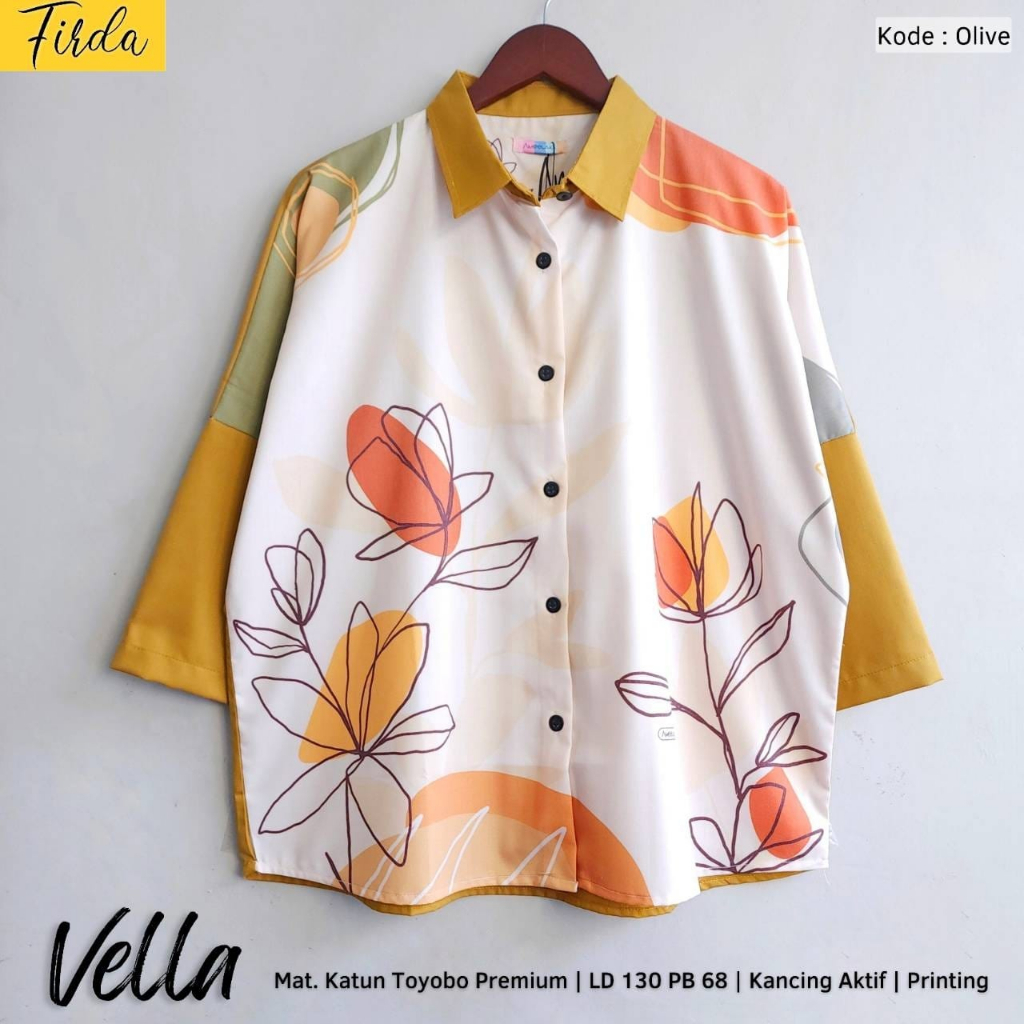 Vella Kemeja Oversize Wanita Motif Jumbo XXXL Ld 130 Katun Toyobo Premium Kancing Aktif