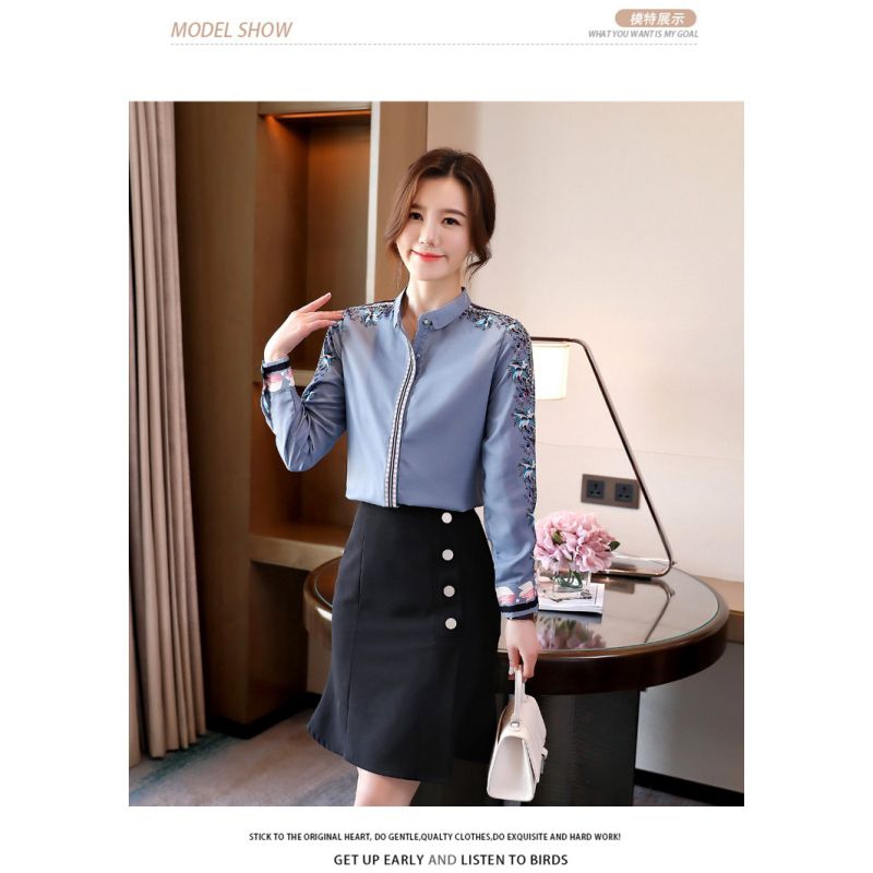 Kemeja wanita abu abu tua motif bunga rame model resleting brukat Korea lengan panjang elegant