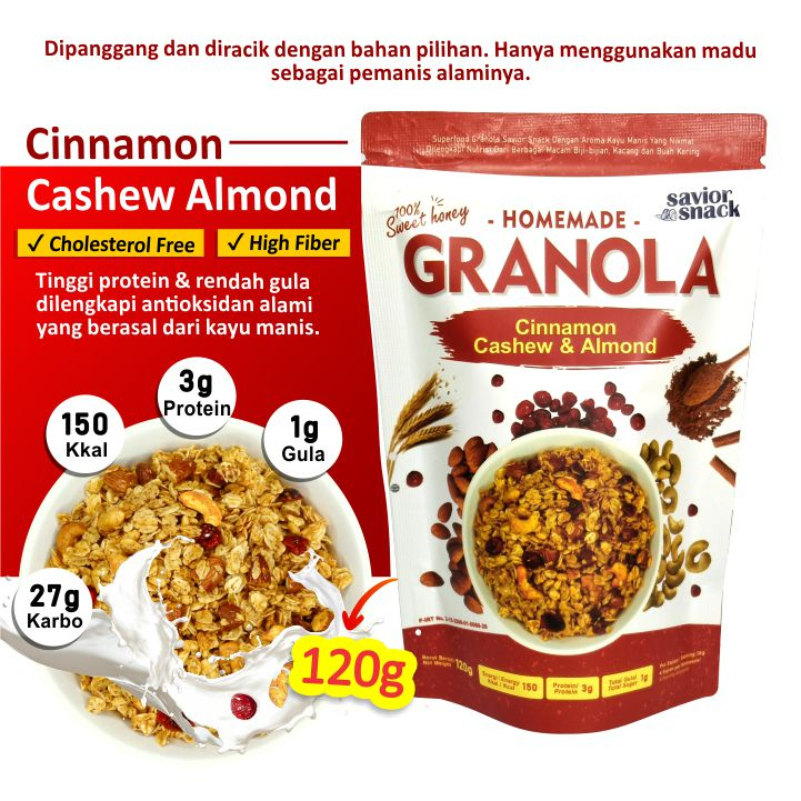 

GRANOLA Cinnamon 120g Cashew Mede Almond Crunchy Savior Snack Makanan Sehat Sarapan Tinggi Nutrisi