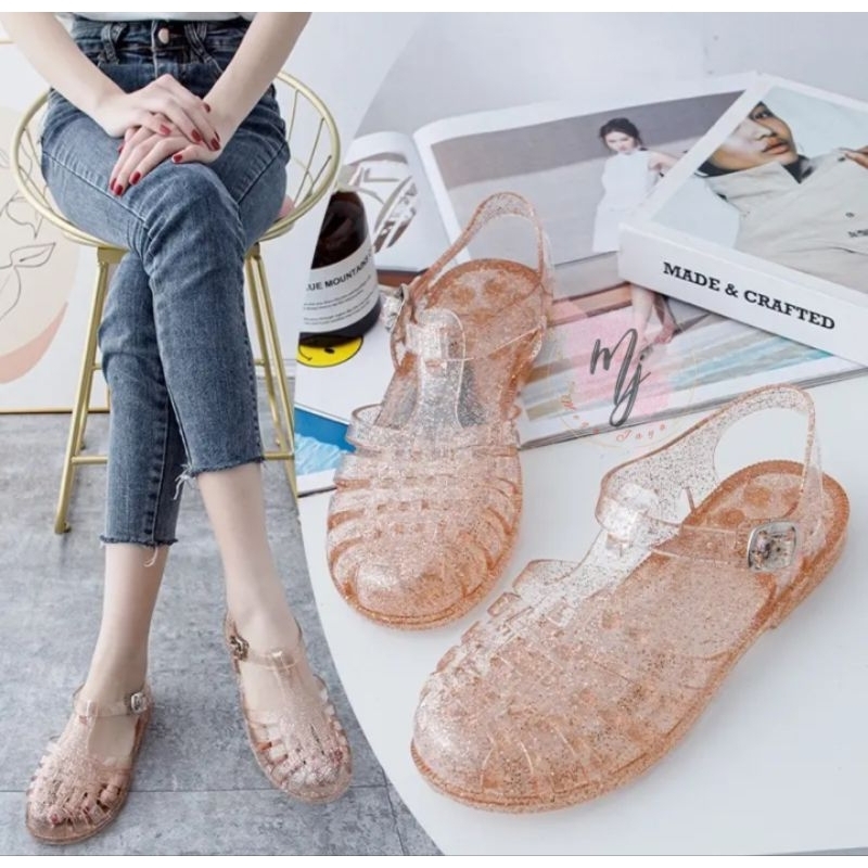 Sandal Jelly Transparant Glitter/ Meisha Jelly Shoes Dewasa/ Sandal Jelly Wanita Import