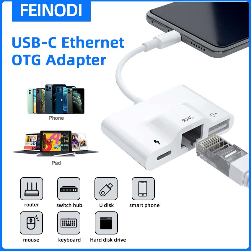 FEINODI USB C to USB OTG Adapter type c to RJ45 Ethernet LAN Port with Charge Port Converter for iPhone iPad