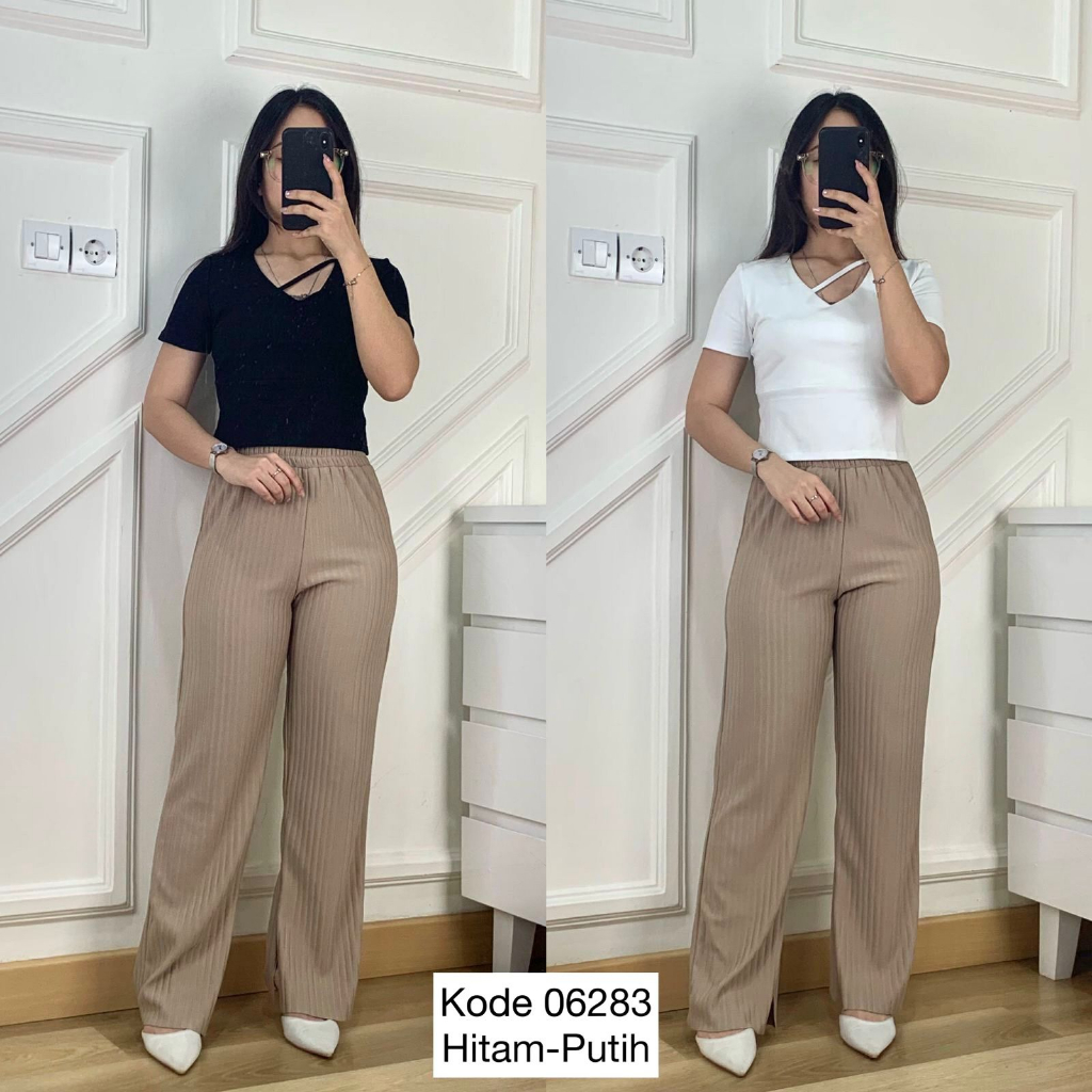06283 BLOUSE HFS VNECK SLIT BELAKANG TANGAN PENDEK BODYCON BASIC POLOS ATASAN BLOUSE TANGAN PENDEK W