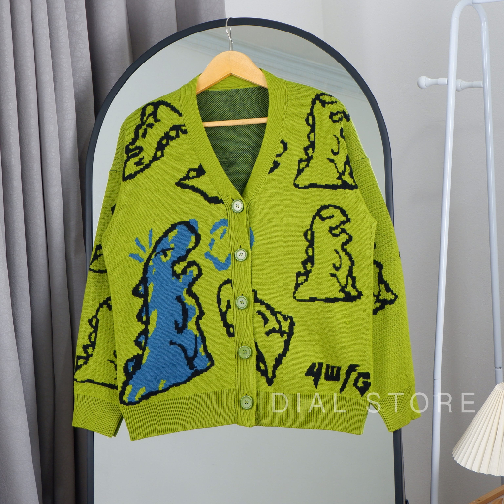 Dino Outer Cardigan Rajut Wanita | Cardy Oversize Rajut Premium Motif Dinosaurus | Baju Atasan Rajut