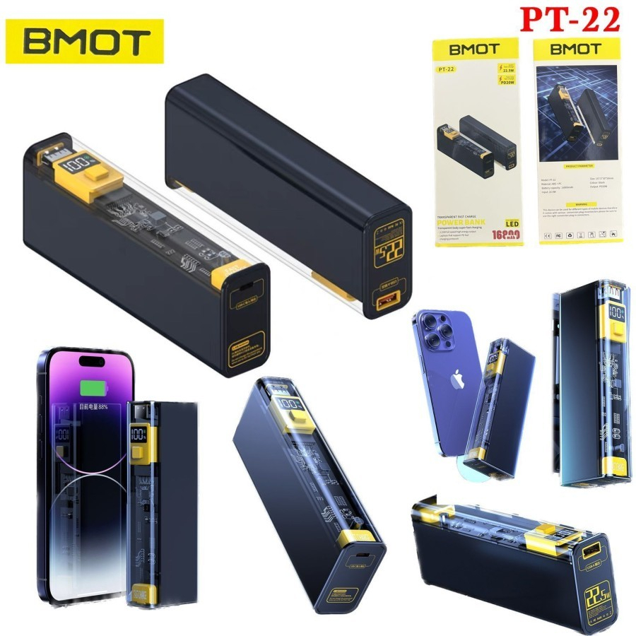 PB POWERBANK Transparan 16800mAh Kabel Tipe C + Lightning + USB PT-22 Grosir