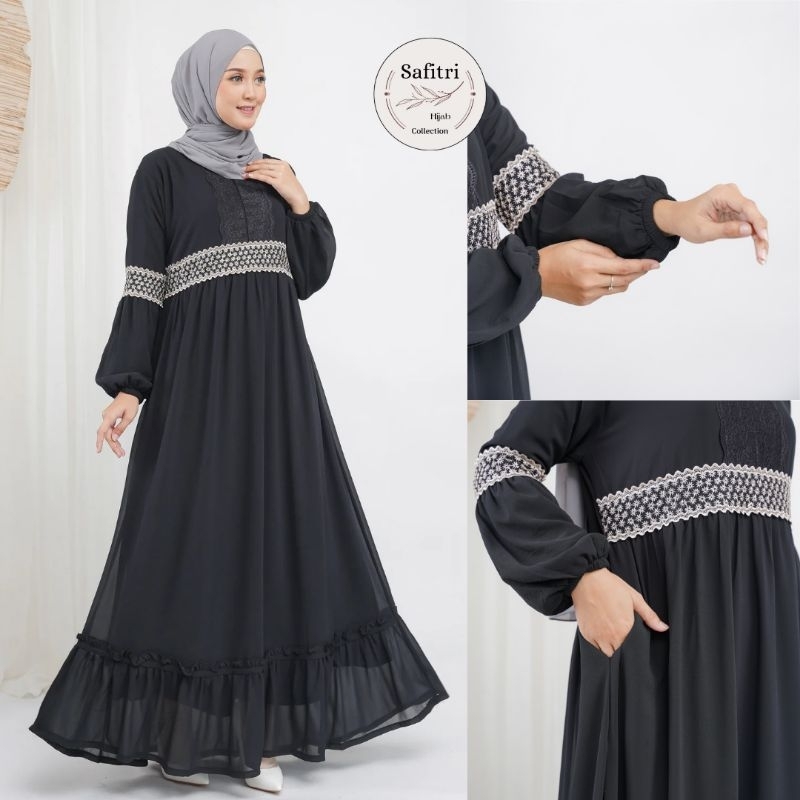 MEDINA DRESS bahan Ceruty (Renda) Rampel Putih Hitam by Safitri Fashion