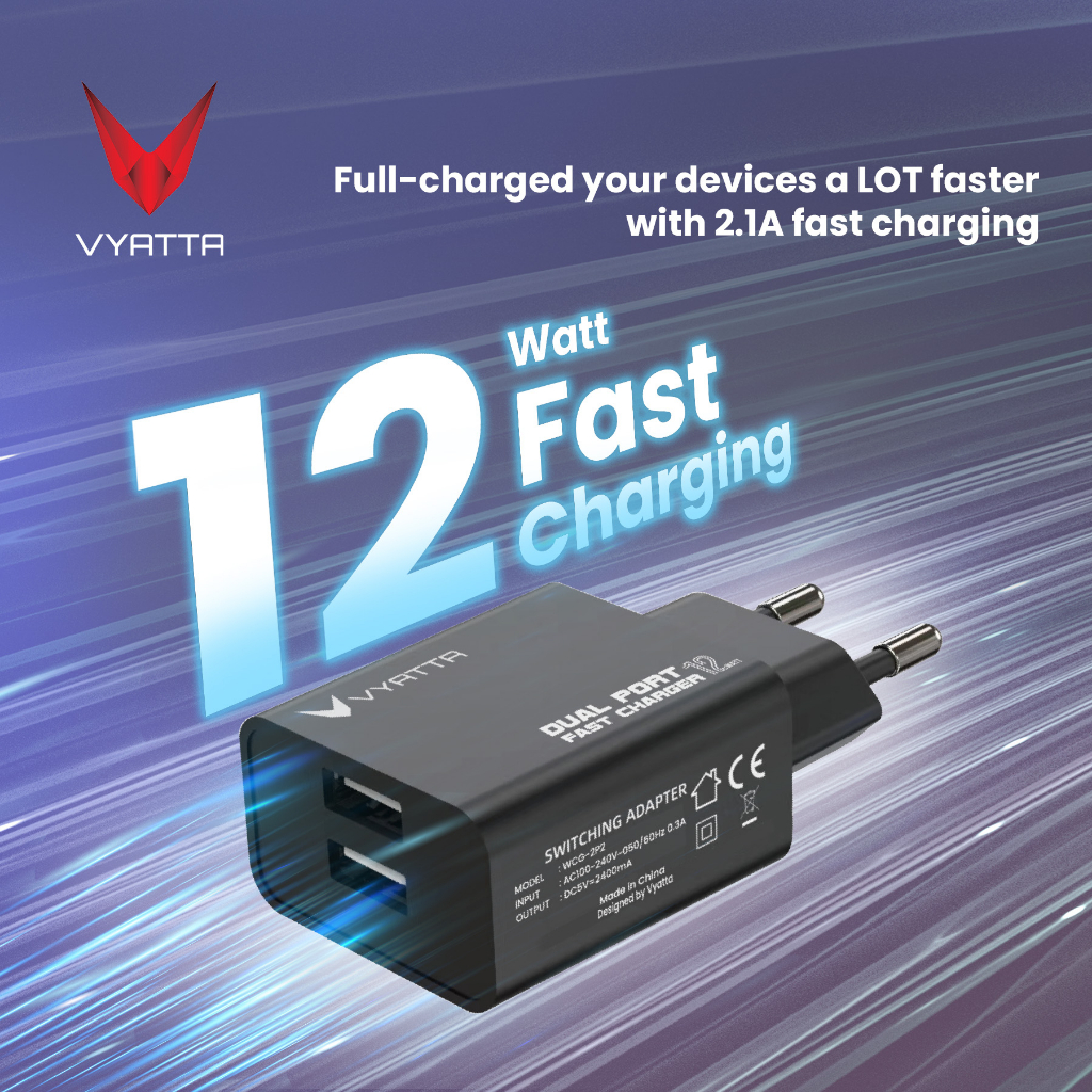 VYATTA CHARGER 2.4A FAST CHARGING DUAL PORT WIDE COMPABILITY ANDROID