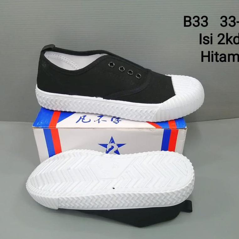 Sepatu Sneakers Anak Hitam Putih Model Slip On Tanpa Tali N&amp;B Sol Putih Unisex Ukuran 22-38 / B33