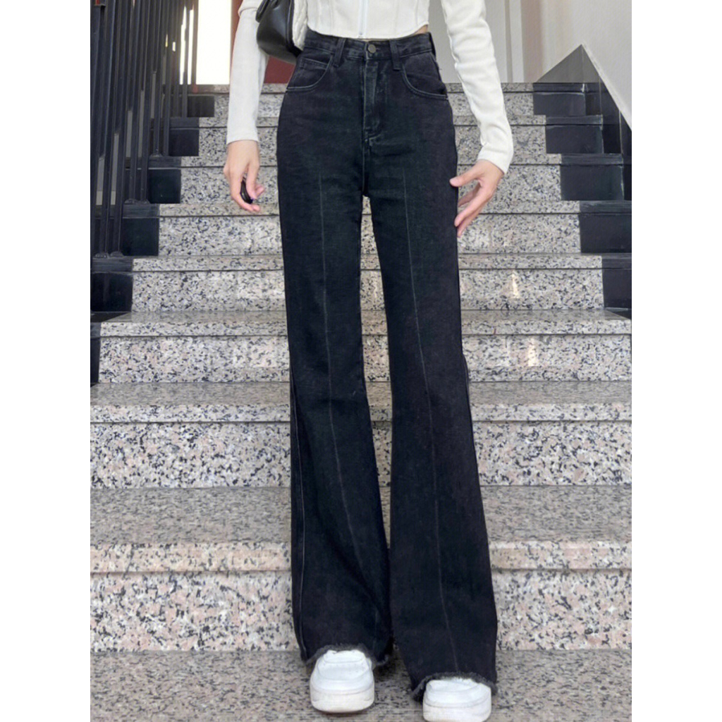 Celana Cutbray Jeans Wanita Rawis Highwaist Kelabu hitam Import