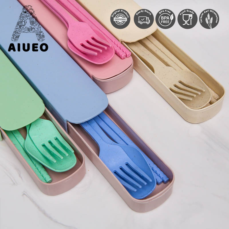 AIUEO Set 3 Pcs Alat Makan Sendok Garpu Sumpit / Spoon Fork Chopsticks Wheatstraw