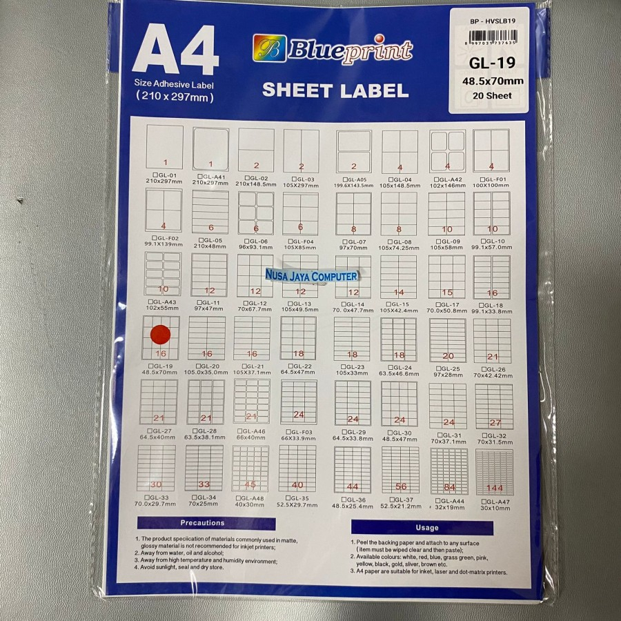 

Kertas Stiker Label HVS Doff A4 BLUEPRINT Uk 48,5 x 70 mm - 20 lembar