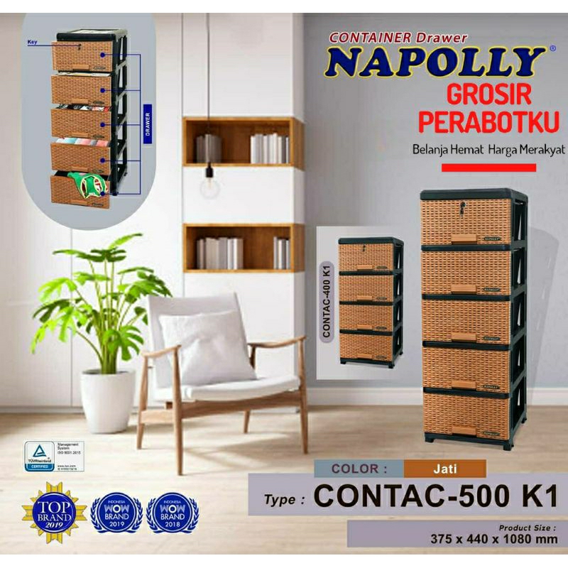 Laci Lemari Pakaian Plastik Napolly Susun 5 Susun 4 Motif Anyaman Rotan Contac 500 K1 Contac 400 K1