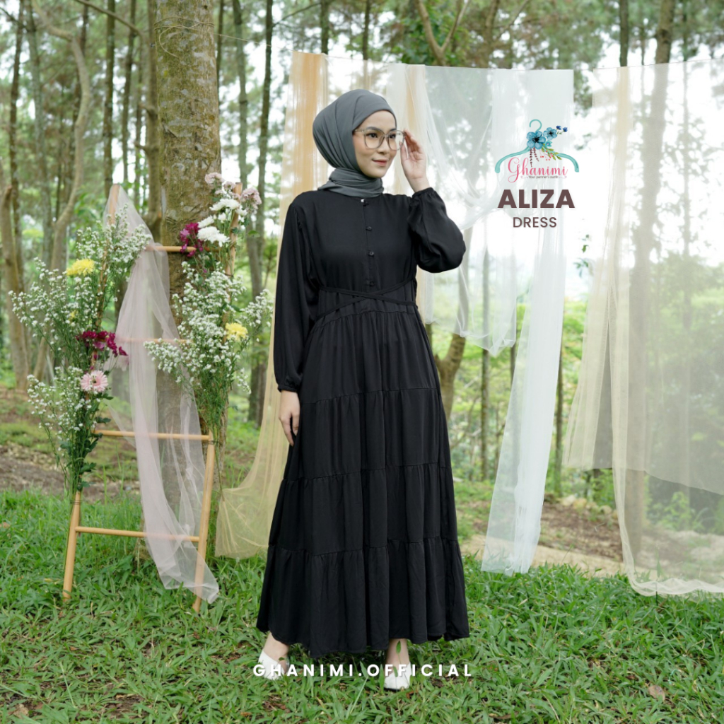 Ghanimi - Aliza Dress  / Gamis Rayon Ruffle Polos / Gamis terbaru / gamis kondangan / dress kondangan / dress rayon tali