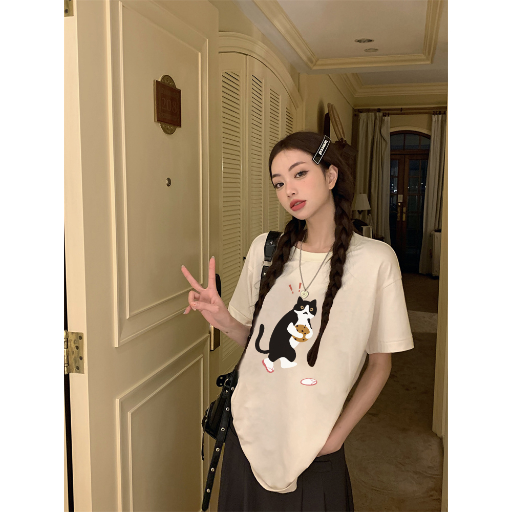 EUNII T-shirt Lengan Pendek Cartoon Surprised Cat Korean Style/Kaos Atasan Wanita/Baju Kaus Oversize Wanita/Kaos Wanita