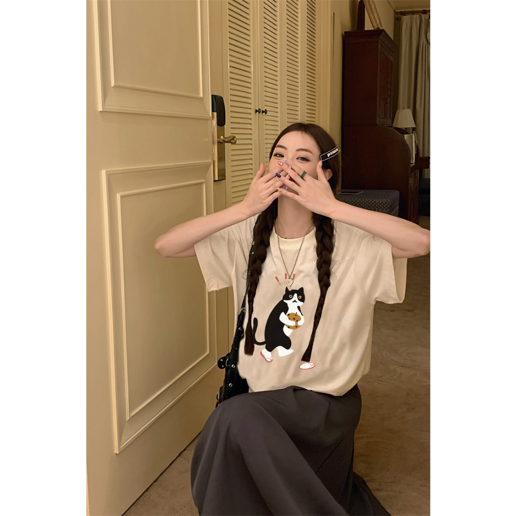 EUNII T-shirt Lengan Pendek Cartoon Surprised Cat Korean Style/Kaos Atasan Wanita/Baju Kaus Oversize Wanita/Kaos Wanita