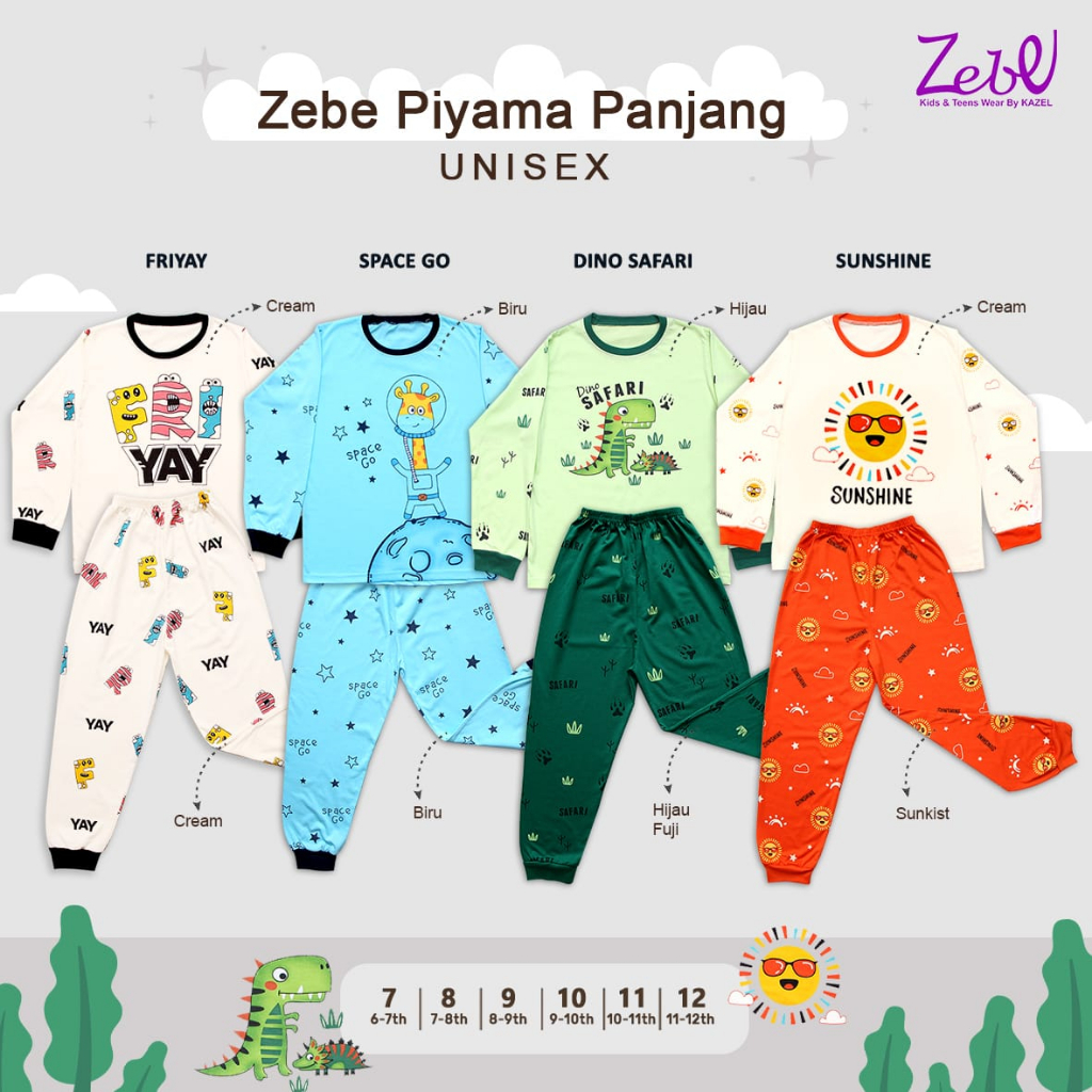 ZEBE SETELAN PIYAMA BAJU PANJANG CELANA PANJANG SETELAN PIYAMA BAJU ANAK UNISEX 7-12 TAHUN