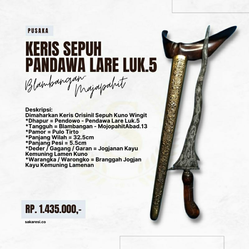 Pusaka Keris Sepuh Majapahit Pandawa Pendowo Pendawa Lare Luk 5 Ori Asli Tua Langka Lawas Antik