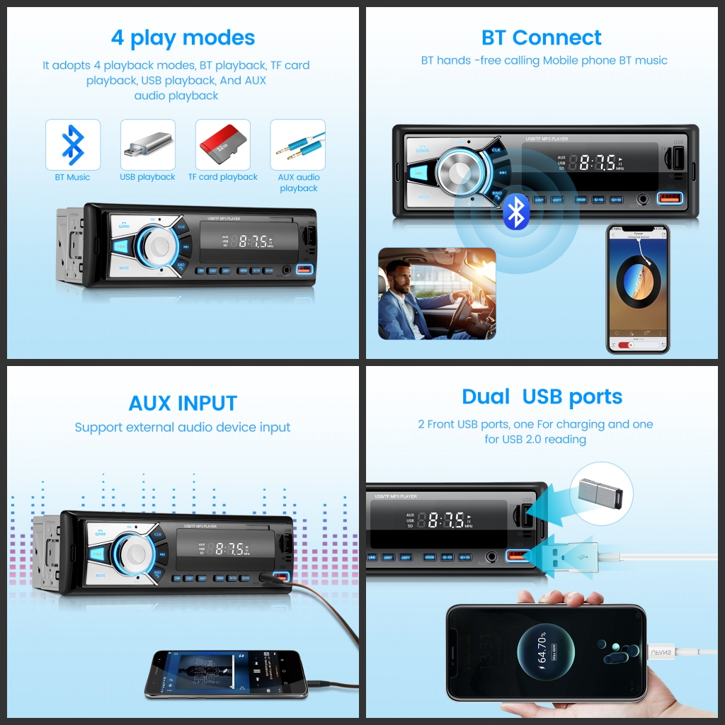 Tape Audio Radio Mobil with Phone App Control Multifungsi Bluetooth USB MP3 Head unit FM Radio bisa AUX TF USB