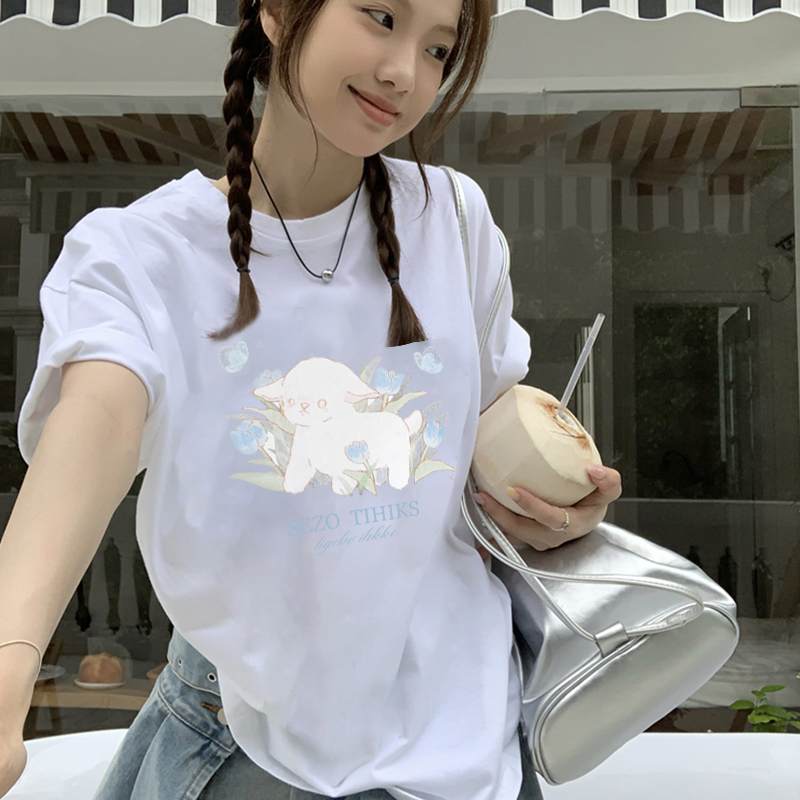 Print T-shirt Kaos Lengan Pendek Cartoon Sheep Oversize Atasan Wanita Korean Style