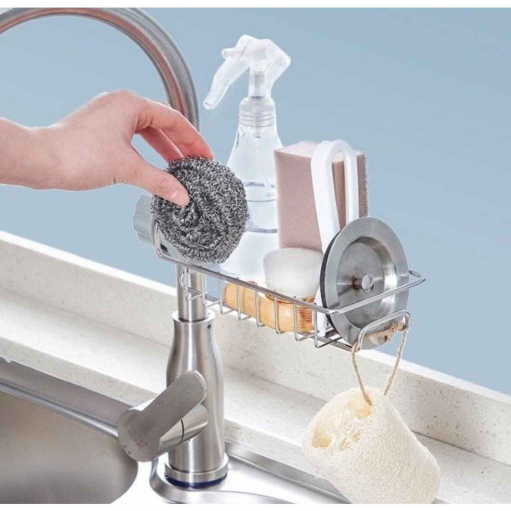 tempat sabun cuci piring sponge holder / faucet rak / rak stainless / rak gantungan barang kran air