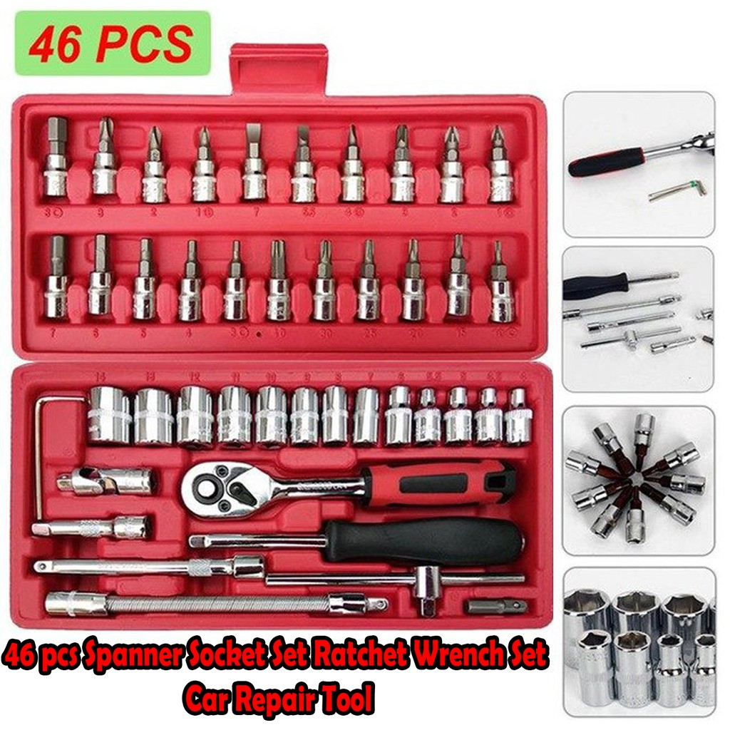 46pc/set socket (1/4 &quot;) Full Lengkap Socket Tool Kit Pas Ring L Motor Mobil kunci shok set