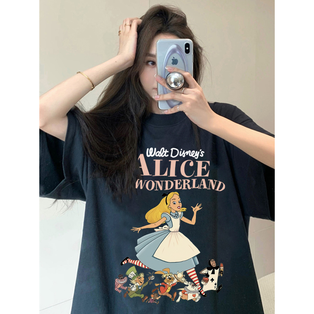 Kaos Puith Atasan Wanita Lengan Pendek Oversize  Alice In Wonderland Printed T-shirt Baju Wanita Kekinian Korean Style/Baju coklat