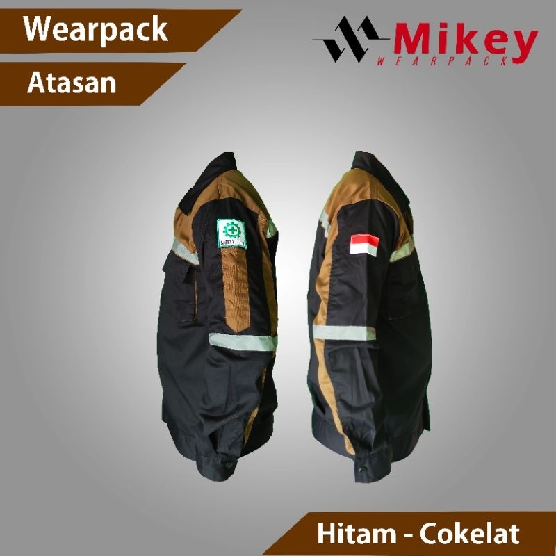 Wearpack Atasan Kemeja Proyek Baju Kerja Lengan Panjang Hitam Kombinasi Cokelat