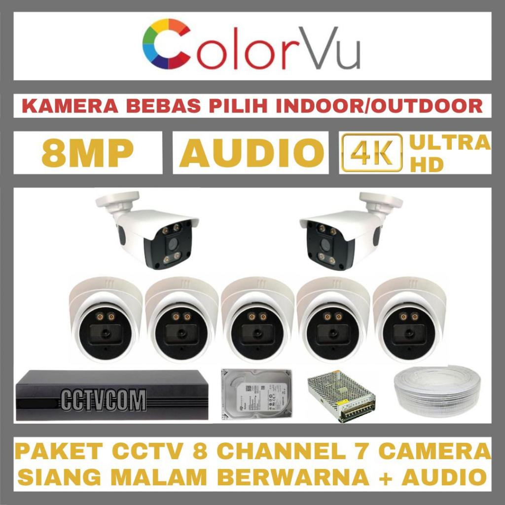 PAKET CCTV COLORVU 8MP 8 CHANNEL 7 KAMERA ULTRA HD 4K CAMERA AUDIO