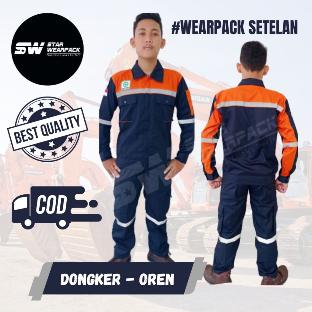 Star Wearpack - Seragam Kerja Proyek Setelan Baju &amp; Celana Atasan Warna  Dongker Kombinasi Oren Lengan Panjang