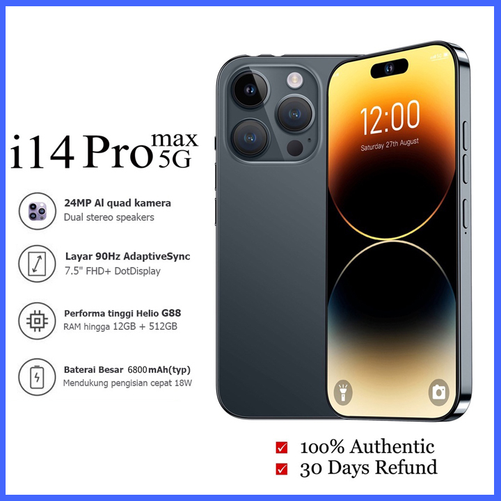 Hp murah i14 Pro Max Handphone Asli 7.5Inci 12GB RAM+512GB ROM HD Kamera Dual SIM Dual 5G WiFi Smartphone Bisa COD