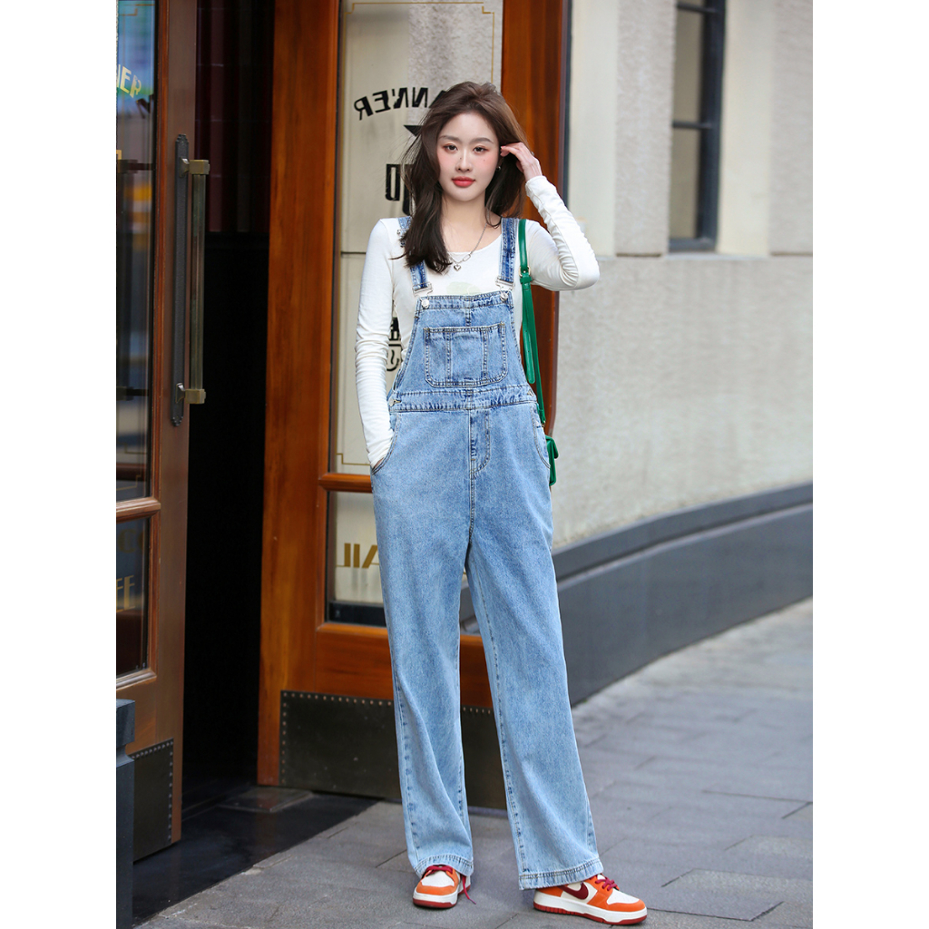 【cewek_id】overall jeans Impor jumpsuit jeans wanita Celana Lebar Kaki Overall denim panjang Tali Ikat Celana dewasa kekinian