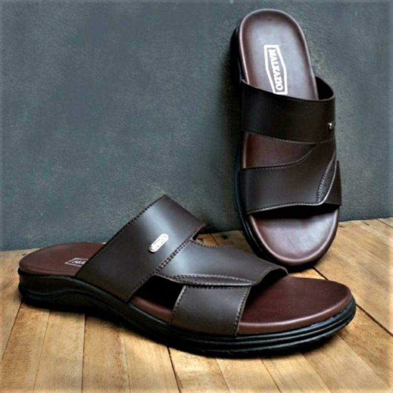 Sandal Slide Pria Kulit Brown-09 Sendal leather Slop Cowok Kokop Kasual Bapak2 Opa Clasik 38-44 BEST SELLER