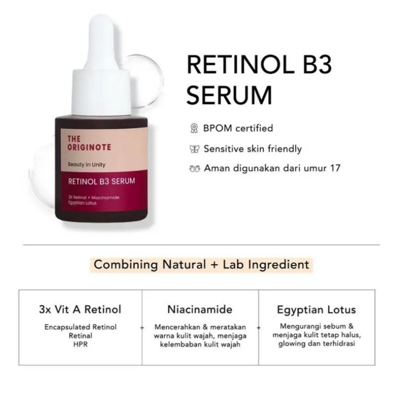 [SIAP KIRIM] The Originote Retinol B3 Serum - Serum Anti Aging Menyamarkan Garis Halus Meratakan Warna Kulit Merawat Kulit Berjerawat with Vitamin A Niacinamide