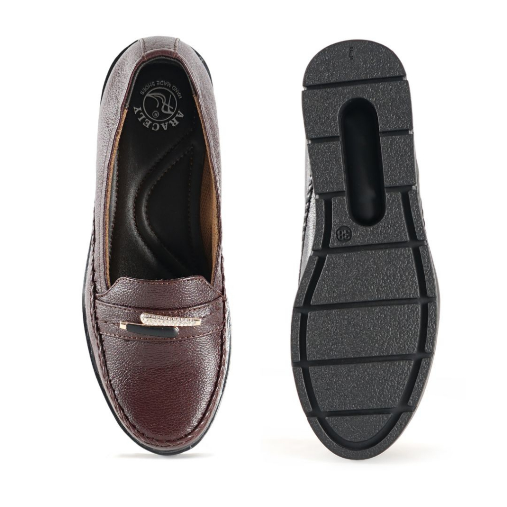 Sepatu Wanita Kerja Pantofel Kasual kulit Hak Rata slip on formal kantor warna Marun