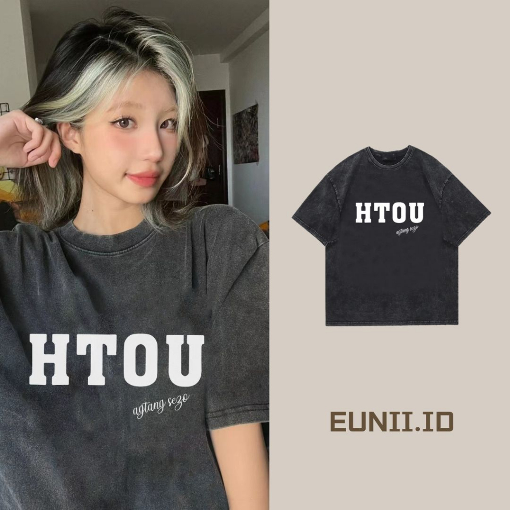 EUNII T-shirt Lengan Pendek Black Washed HTOU Printing Korean Style/Kaos Atasan Wanita/Baju Wanita/Kaos Wanita