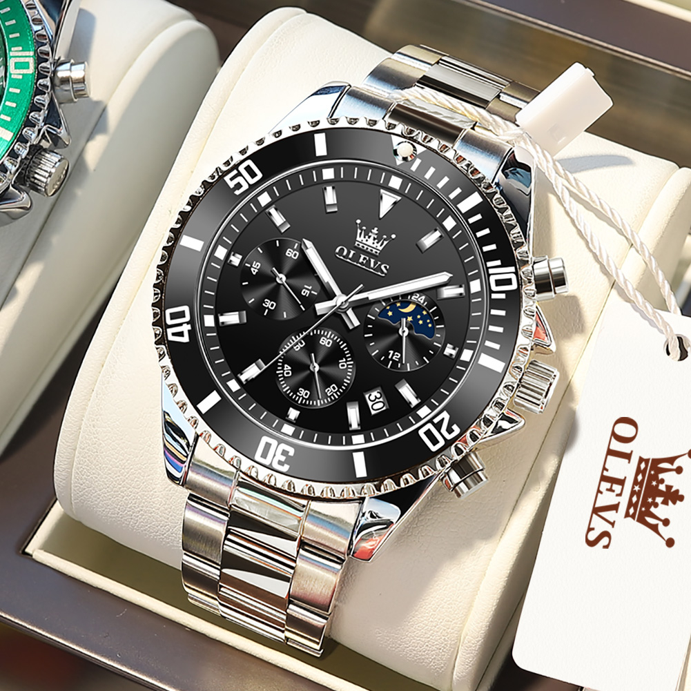 OLEVS Jam Tangan Pria Anti Air Original Tahan Keren Luxury Led Analog Stainless Steel Chronograph Watch Men Cod Hijau 2870