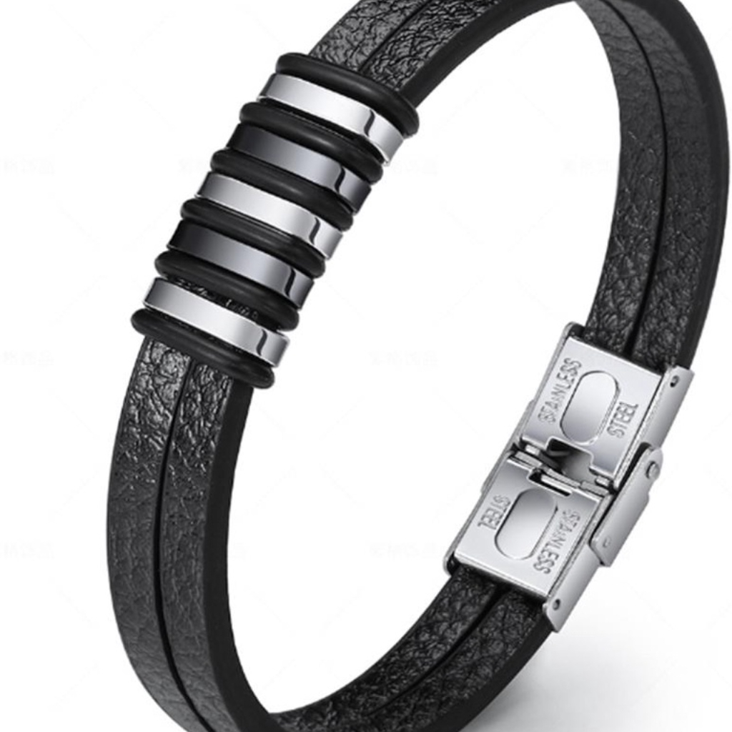 ELNIRO Gelang Kulit Pria GERLOFF Stainless Leather Hitam / Gelang Cowok Pria dan Wanita / Premium Rings for Men Women [GARANSI ORIGINAL 100%]