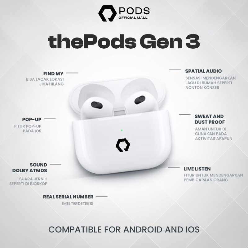 ThePods 3rd Generation Gen 3 2024 - (IMEI &amp; Serial Number Detectable + Spatial Audio) - Final Upgrade Version 9D Hifi True Wireless Stereo Bluetooth Headset Earphone Earbuds - Headphone Spatial Audio TWS Charging Case - By PodsIndonesia
