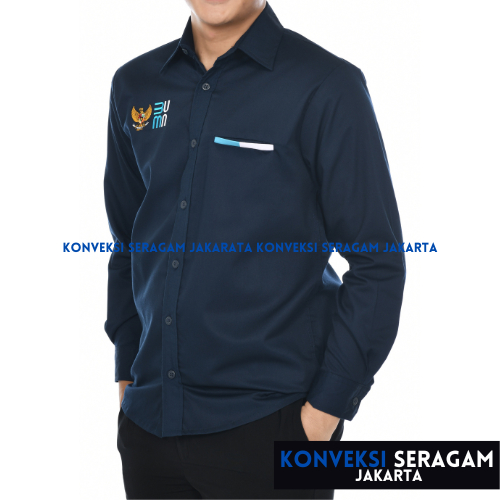 Seragam Kerja BUMN Kemeja Kerja BUMN Lengan Panjang Warna Navy Bahan American Drill Custom Bordir Satuan