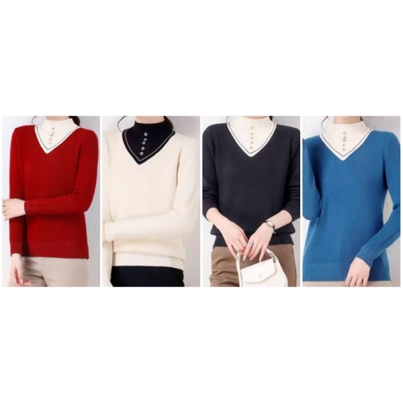 ❤️ PREMIUM IMPORT ❤️ READY ! SANDRA HIGH NECK BUTTON LONG SLEEVE KNIT SWEATER BLOUSE