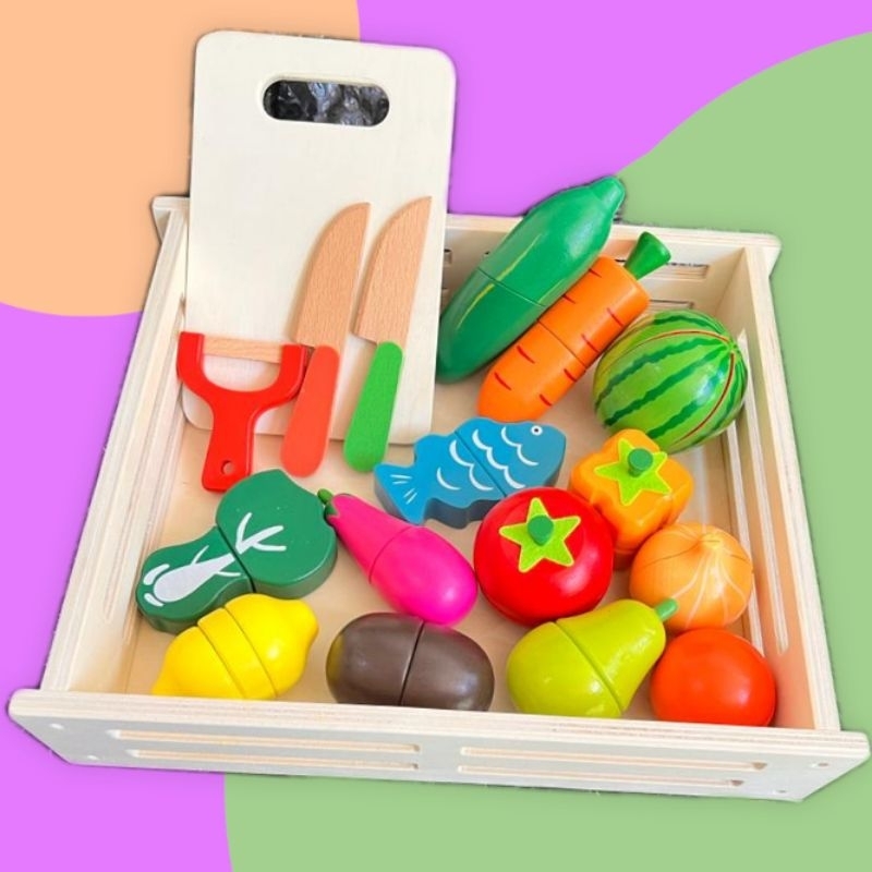 Wooden Fruit and Vegie Cutting Toys Pretend Play Magnet