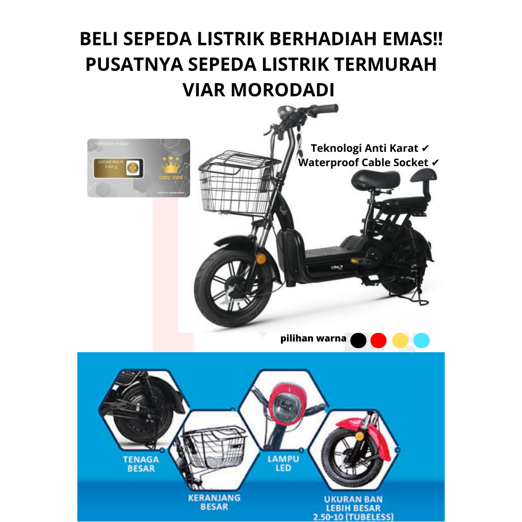 (TERMURAH) KREDIT SEPEDA LISTRIK UNO ANTI KARAT , SOCKET WATERPROOF